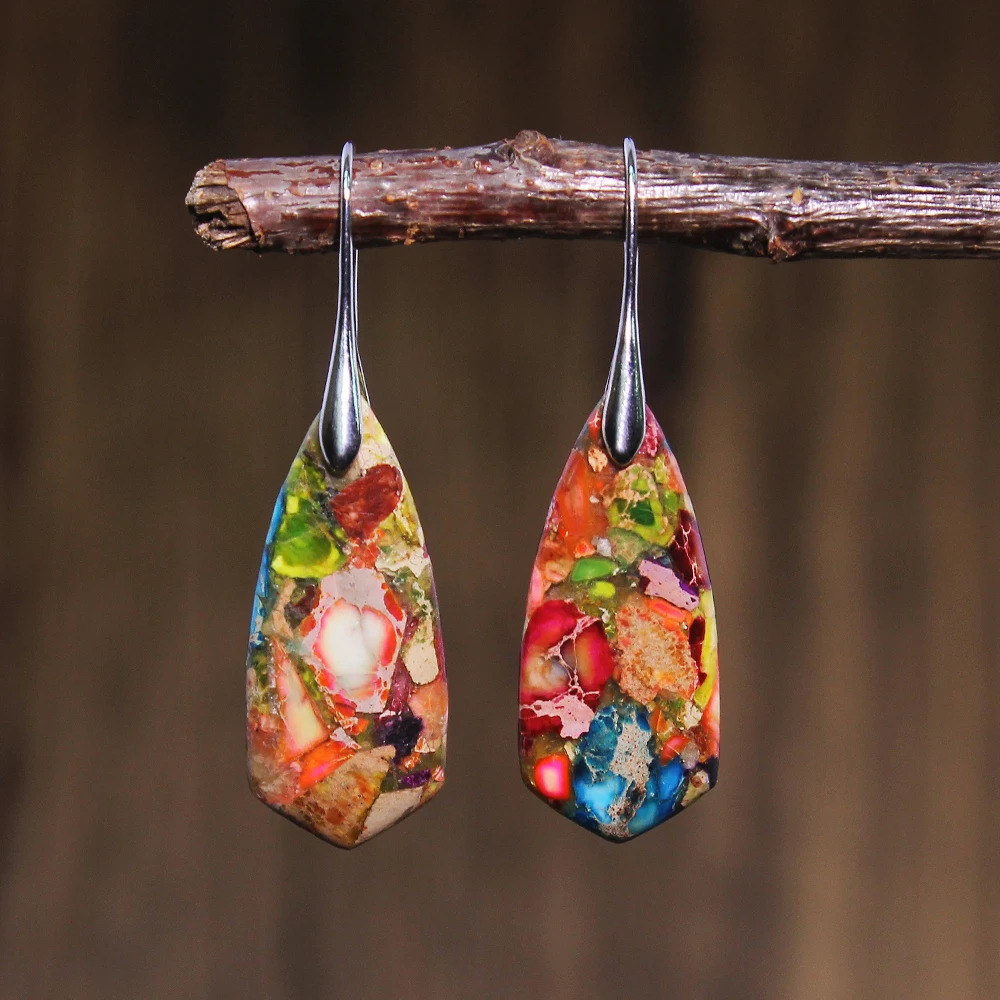 2pcs Hot-selling colorful imperial stone conical earrings, natural stone irregular fashion simple earrings