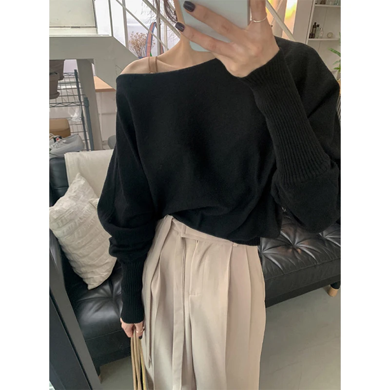 

MEXZT Elegant Black Sweater Women Fashion Sexy Off Shoulder Knitted Pullovers Korean Skew Collar Knitwears Winter Design Jumpers