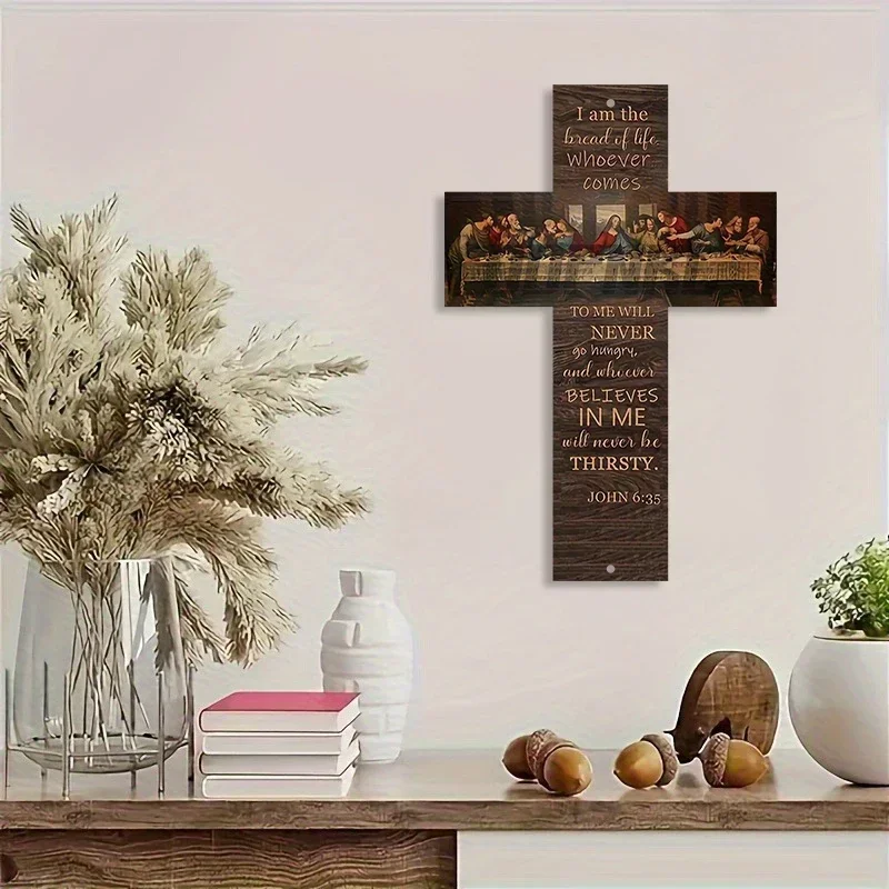 Last Supper Christian Cross Wall Plaque - Vintage Bible Religious Art, Metal Last Dinner Scene for home Church Farmhouse Decor