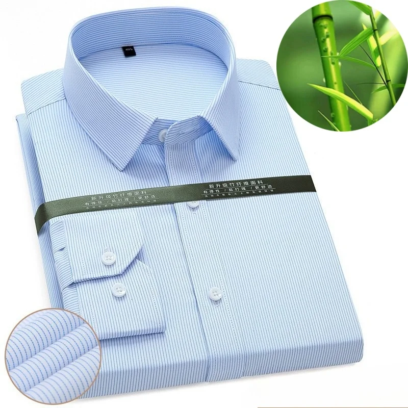Bambusfaser 8XL Klassische Streifen Plaid Einfarbig Arbeit Blau Weißes Hemd Männer Langarm Slim Fit Große Größe Männer Hemd Langarm
