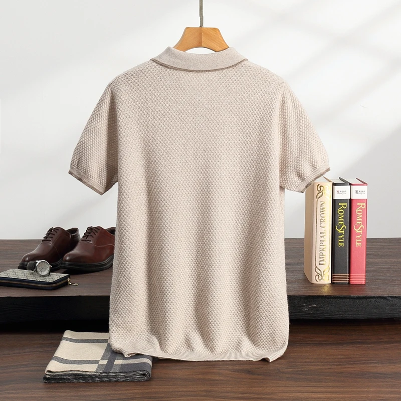 DjzDsm A Men's 100% Pure Cashmere Short Sleeved POLO Neck Pullover Vest Spring Summer Solid Color Knitted Half Sleeve Sweater