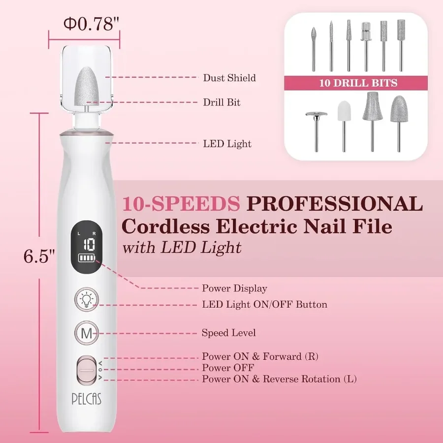 Lima per unghie elettrica Trapano per unghie a batteria a 10 velocità con luce LED Kit portatile per manicure e pedicure Smerigliatrice per unghie con schermo LCD