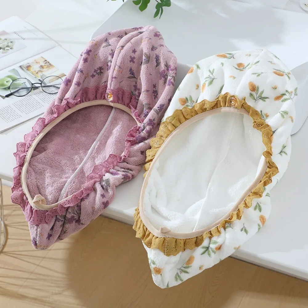 

Cute Thickened Lace Dry Hair Cap Coral Velvet Absorbent Shower Cap Portable Soft Quick Drying Headscarf Home