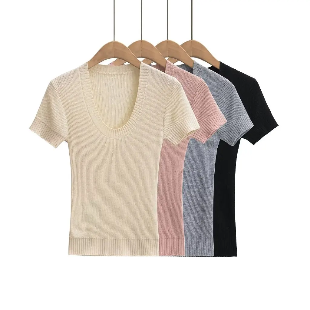 

Женская облегающая трикотажная футболка с U-образным вырезом, однотонная, с короткими рукавами и эластичной лентой, новый стиль, модная американская мода для девочек