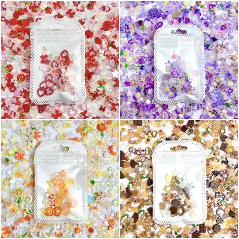 100Pcs/Bag Cute Bow Flower Star Heart Nail Charms Randomly Mixed Sweet Hollow Pearl Heart Nail Art Decorations Accessories