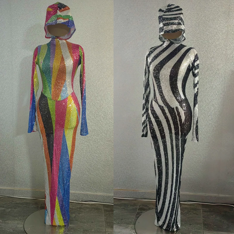 

Костюм для шоу девушки, наряд для вечеринки, красочное вечернее платье с капюшоном и блестками, вечерние платья в полоску в нерегулярную полоску, женский фестиваль певицы, Outfi