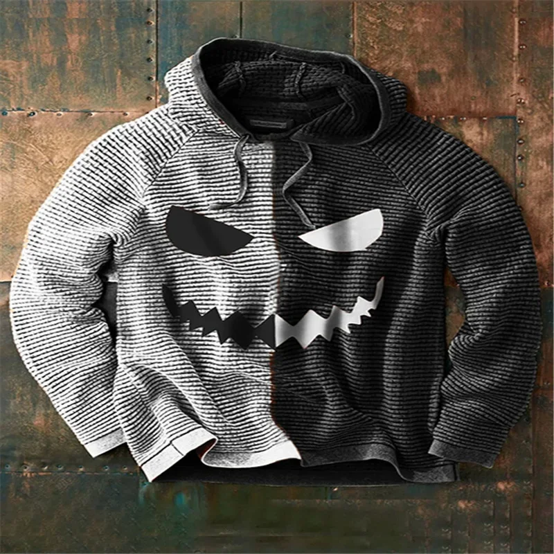 Felpe con cappuccio con stampa 3D zucca di Halloween per uomo Cuciture autunnali a costine Top da uomo Pullover Camicia invernale con cappuccio allentata a maniche lunghe