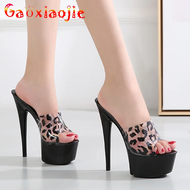 Slippers Women Shoes Summer Black Thin Heels 15cm Leopard Fishmouth Platform Nightclub Fun Shoes Outside Slides Roman Sandals