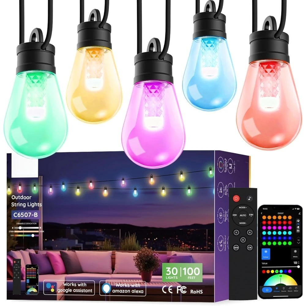 

Smart Outdoor String Lights 100ft RGBW Waterproof Patio Lights with 30 LED Bulbs Extendable 111 Scene Modes Alexa Compatible