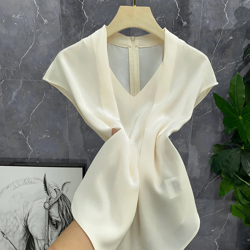 

V-Neck Half Sleeve Satin Women's Top Versatile Good Looking Straight Cut Acid Fiber Pure Color Commute Style Summer Shirt