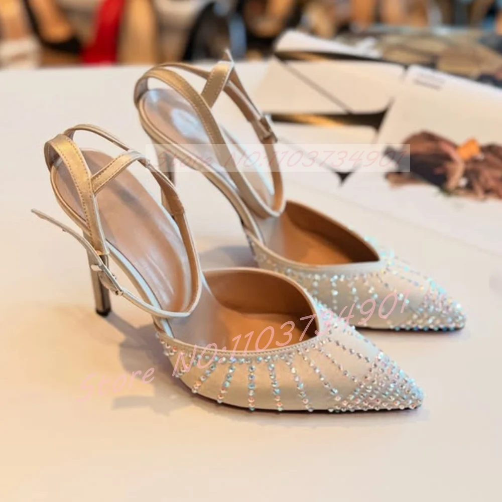 

Красочные сандалии со стразами, женские свадебные туфли с острым носком и ремешком на щиколотке, туфли телесного цвета из флока на высоком каблуке, женские роскошные повседневные сандалии для вечеринок