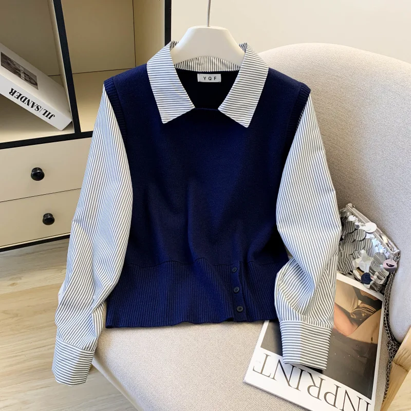 Maglione da donna a maniche lunghe a righe finte in due pezzi 2025 New Fashion Colletto con risvolto Pullover larghi Tendenza autunnale Top casual