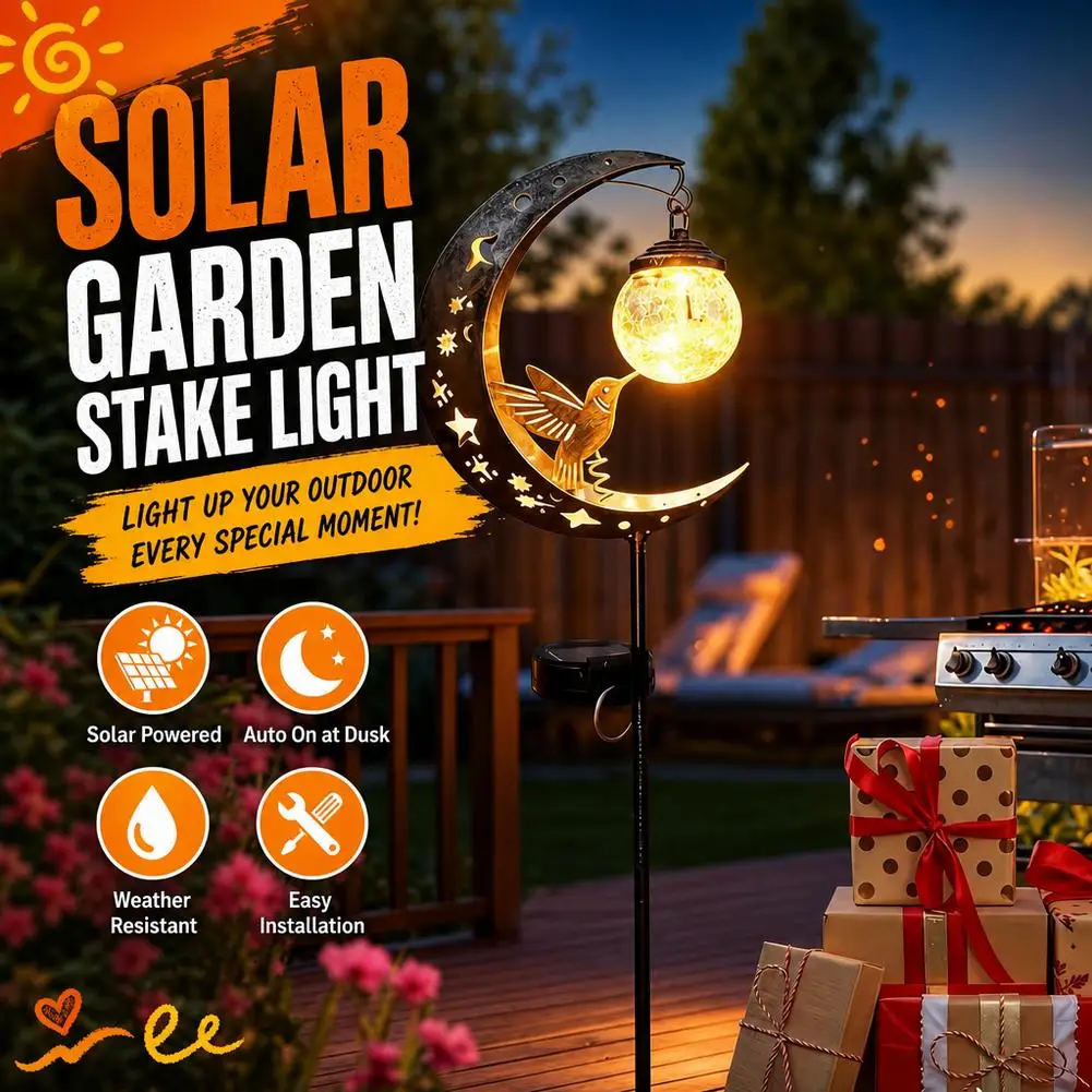 1pc Solar Lawn Light Hummingbird Design with Moon & Stars, Outdoor Garden Decor Light, Iron Light for Yard, Party Gift