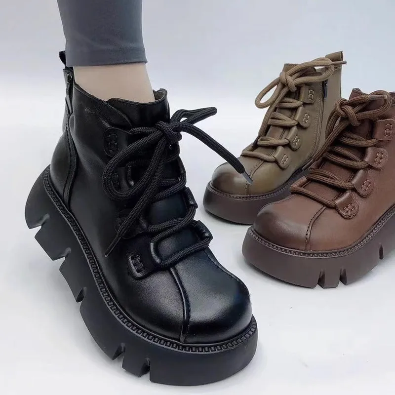 Snow Boots Womens Cotton Boots 2024 New Plush Warm Lace-up Shoe Soft Leather Anti Slip Thick Soles Elevated Motorcycle Boot