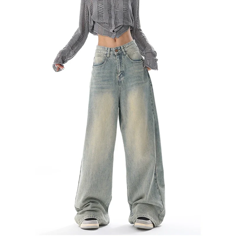 

Women American Retro Y2K Wide Leg High Waist Straight Jeans Streetwear Casual Baggy Pants 2025 Autumn Grunge Denim Trousers