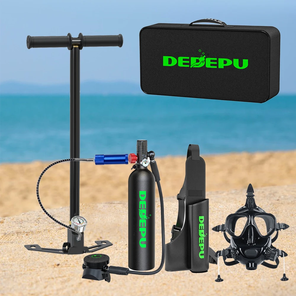 

DEDEPU 1L Mini Scuba Diving Tank Set Oxygen Cylinder with Full Face Diving Mask 3 Stage Hand Pump Portable Underwater Breathing