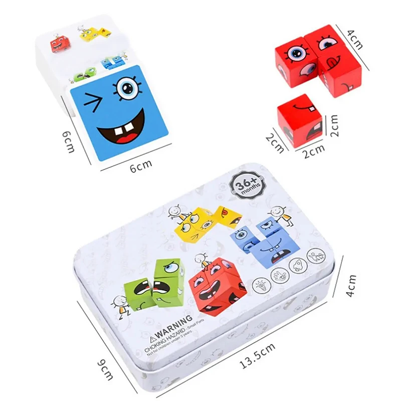 Blocs de construction en bois pour enfants, quatre personnes, bataille, visage changeant, Expressions faciales, Cube magique, jeux interactifs en bois