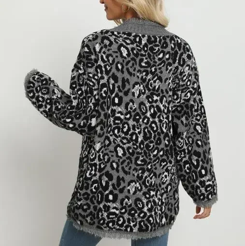 

Women's Casual Knitted Cardigan Autumn and Winter New Clothing Fashion Leopard Print Jacquard Sexy Tassel Sweater Women's Coat
