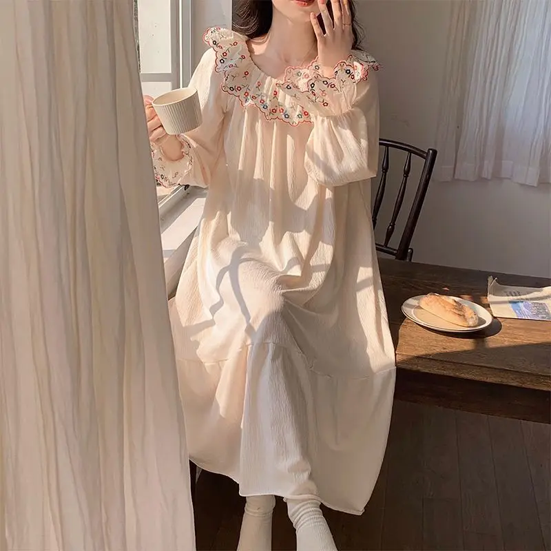 

Spring Autumn Korean Fashion Pajamas Nightgown Long Sleeve Home Clothes Chinese Style Mid-Length Nightgown Cute Sleepwear Women