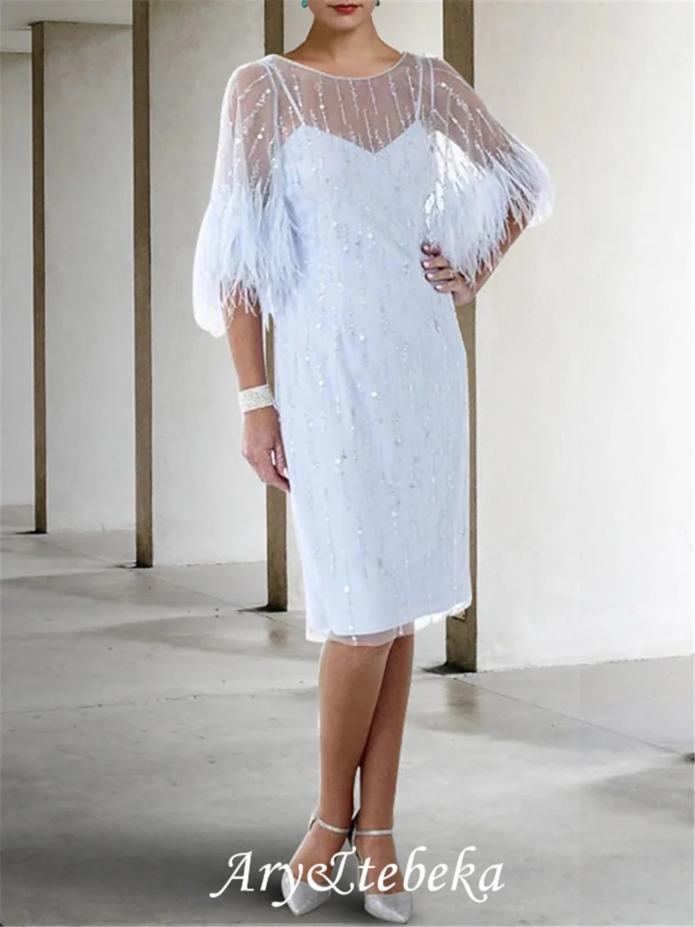 Mantel Mutter der Braut Kleid Elegante Sparkle Jewel Neck Knie Länge Stretch Chiffon-Halbe Hülse mit Feather Friesen Pailletten