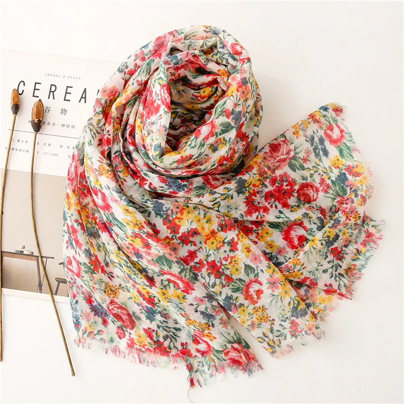 Softchic 100% Polyester Printed Headscarf, Retro ethnic style, Red small floral long scarf, Cotton and linen scarf image 6