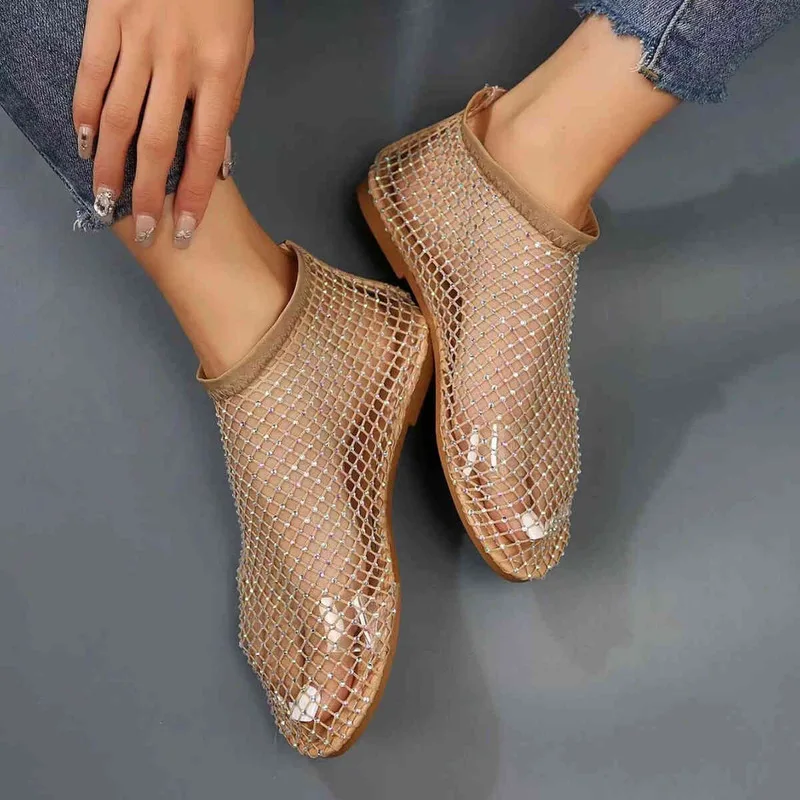 Luxus Atmungsaktive Strass Fishnet Ballerinas Sandalen Vielseitige Frau Mesh Weiche Sohlen Mary Jane Schuhe Damen Sommer Loafer