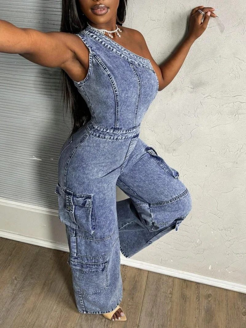

Fashion Denim Cargo Jumpsuits Summer Clothes Women 2026 One Shoulder Straight Jeans Rompers Playsuits One Pieces Overalls Outfit