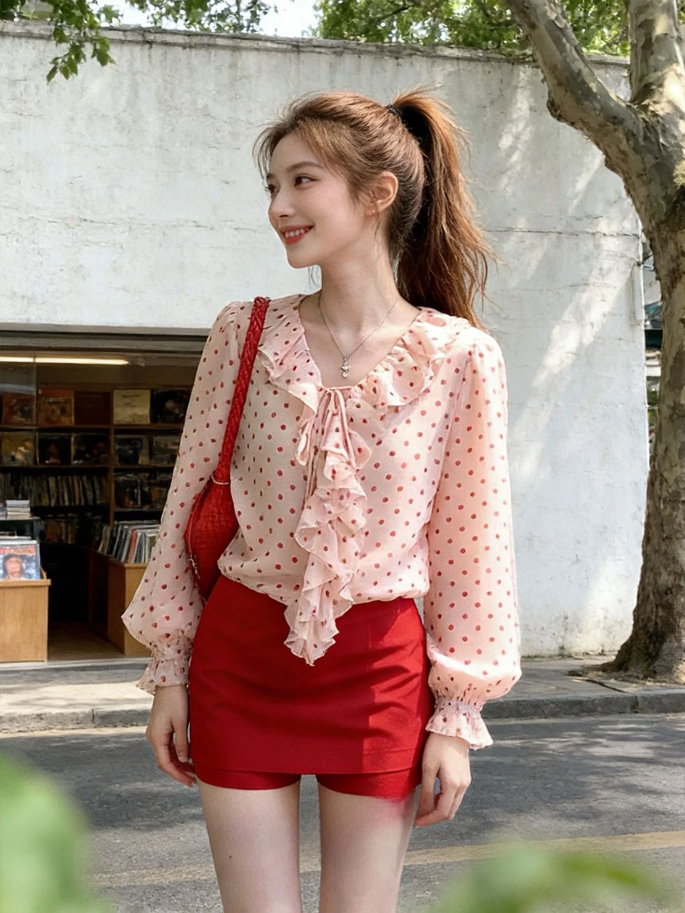 

Красная женская блузка в горошек с V-образным вырезом, оборками и длинными рукавами, винтажный гонконгский стиль, для ранней весны, повседневная