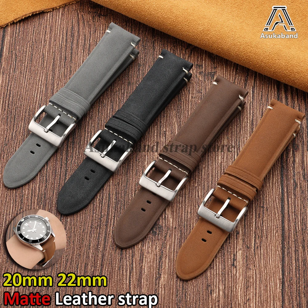 Bracelet de montre en cuir mat 20mm 22mm pour Seiko, sangle en cuir de vache cousue à la main pour montre connectée, bracelet pour hommes, boucle à ardillon