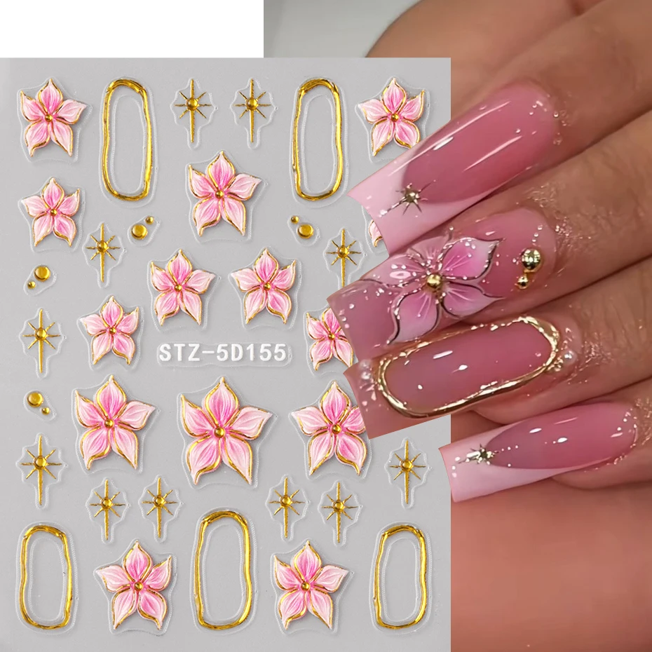 2pcs Embossed Hibiscus Flower Nail Art Sticker Pink Flower With Golden Metal Ring Charm Self-Adhesive Decals Manicure Decoration