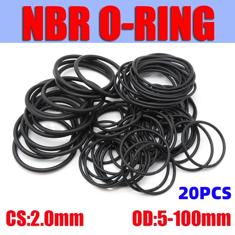 20pcs NBR O Ring Seal Gasket Thickness CS 2mm OD 5~100mm Nitrile Butadiene Rubber Spacer Oil Resistance Washer Round Shape Black