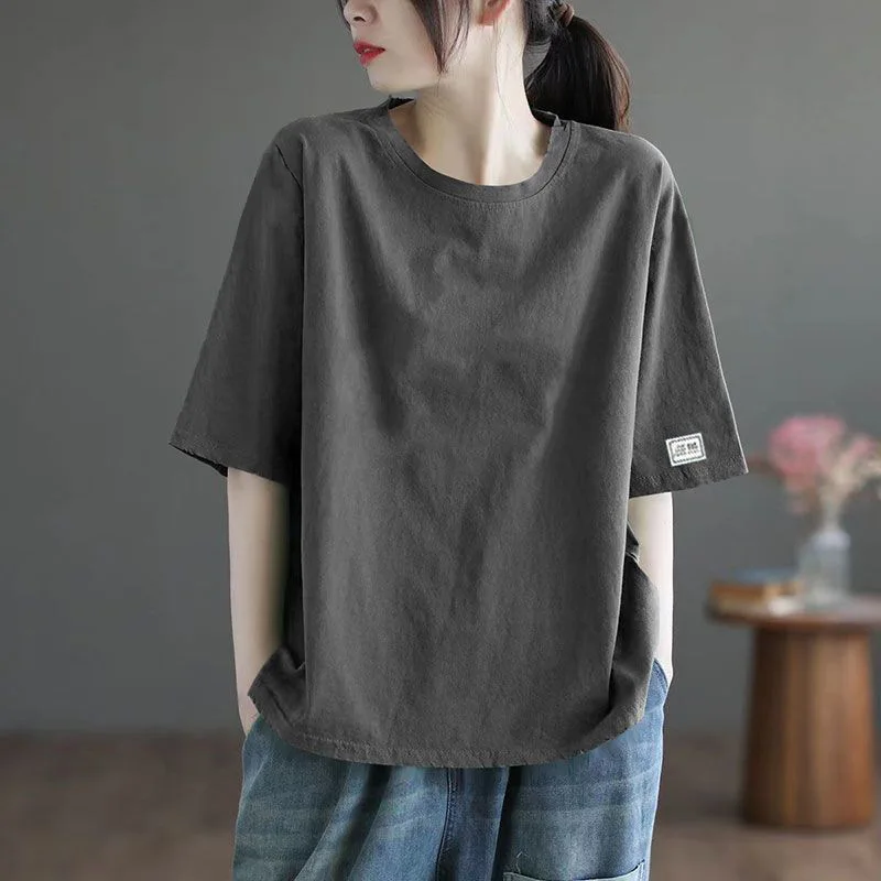 Elegant Fashion Harajuku Slim Fit Female Clothes Loose Casual Sweat All Match Tops Women Solid O Neck Insert Short Sleeve Tees