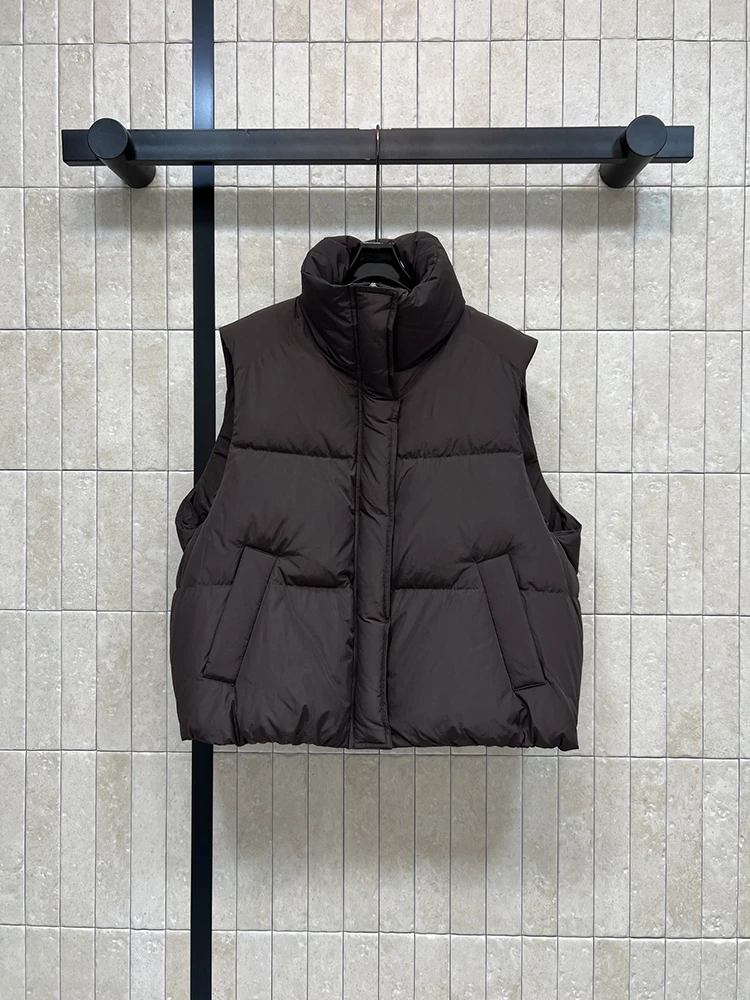 Autumn Winter Fashion Dark Brown Simplicity Versatile Down Waistcoat Women's Stand Collar Zippers Sleeveless Light And Thin Coat