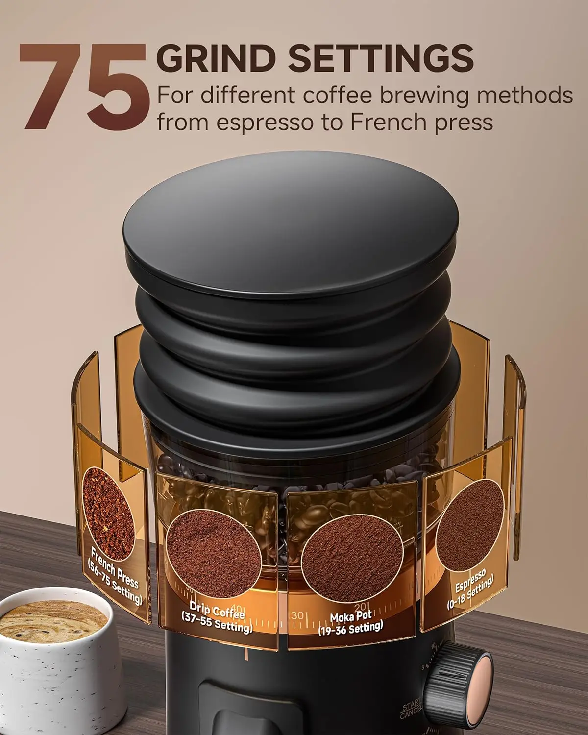 Macinacaffè a dose singola 75 impostazioni Macinacaffè antistatico da 40 mm Motore DC silenzioso Tazza dosatrice sottovuoto Luce a LED