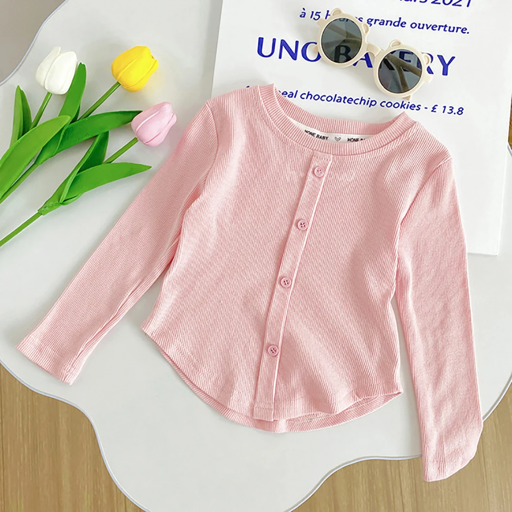 ملابس خارجية للفتيات 2025 ربيع الخريف القطن قاع قميص أطفال جديد أفضل الفتيات واحدة الصدر طويلة الأكمام تي شيرت رقيقة سترة