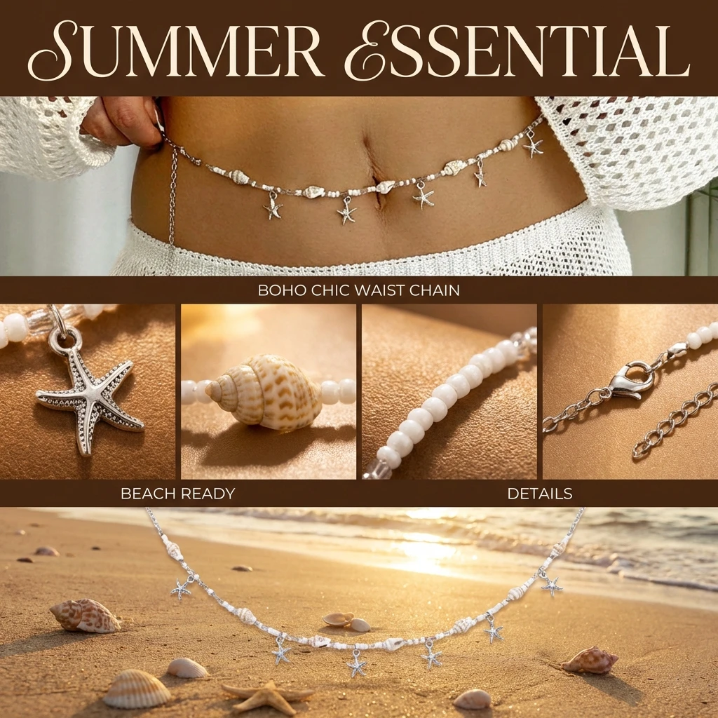 Minimalistische silberfarbene Seestern-Taillenkette für Damen mit weißen Perlen und Muschel-Spleißelementen – Sommer-Strand-Körperschmuck – Detail 1
