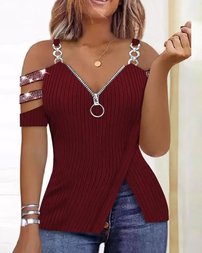 Casual Women\'s Top 2024 Summer New Holiday Contrast Leopard Print Zipper Details Cold Shoulder Short Sleeve Basic T-Shirt