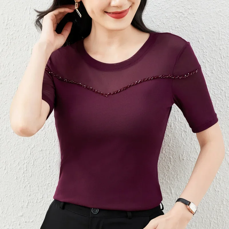 

Элегантные тонкие эластичные сетчатые женские топы Blusas M-5XL, новинка 2025, летняя сетчатая футболка с короткими рукавами и бисером