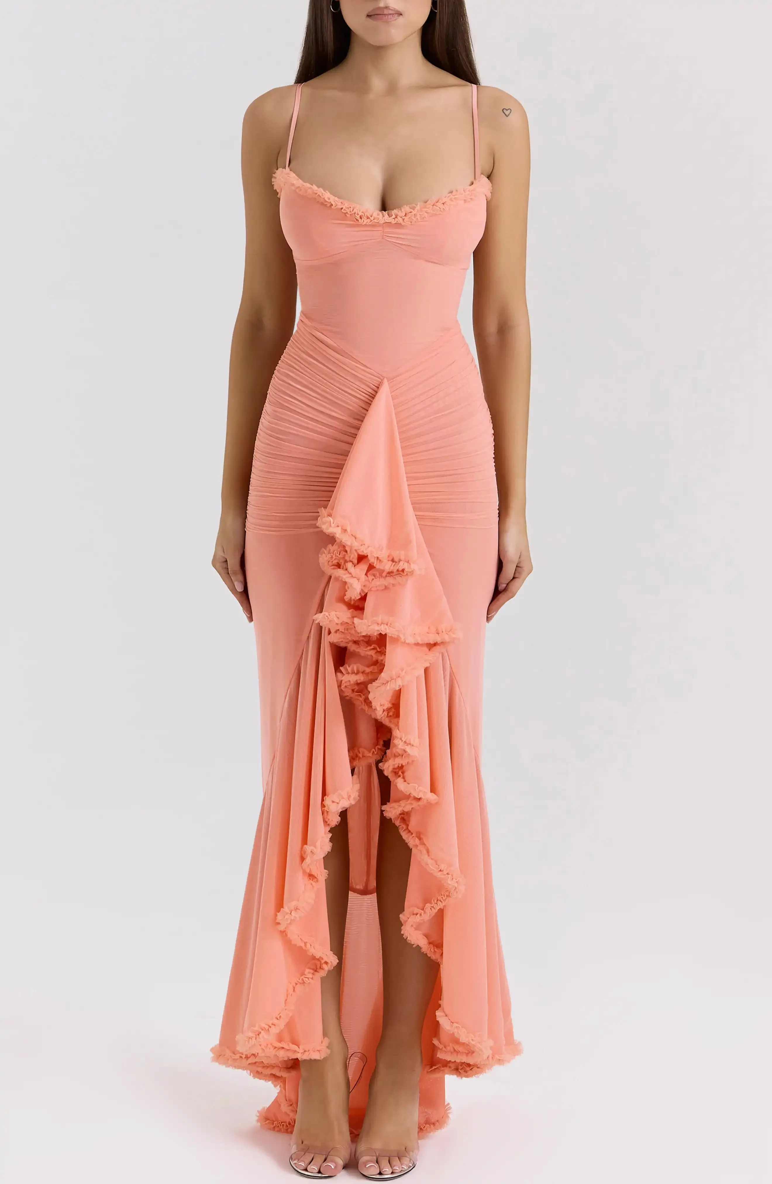 Ruffle Mesh High-Low Cocktail Dress for Women Elegant Sleeveless Tiered Party Gown Wedding Guest Evening Formal Dress Outfit