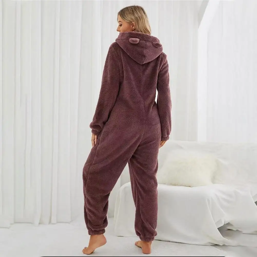 Women Activewear Jumpsuits Cozy Plush Winter Jumpsuit Pajamas for Women Hooded One Piece Loungewear with Zipper Closure