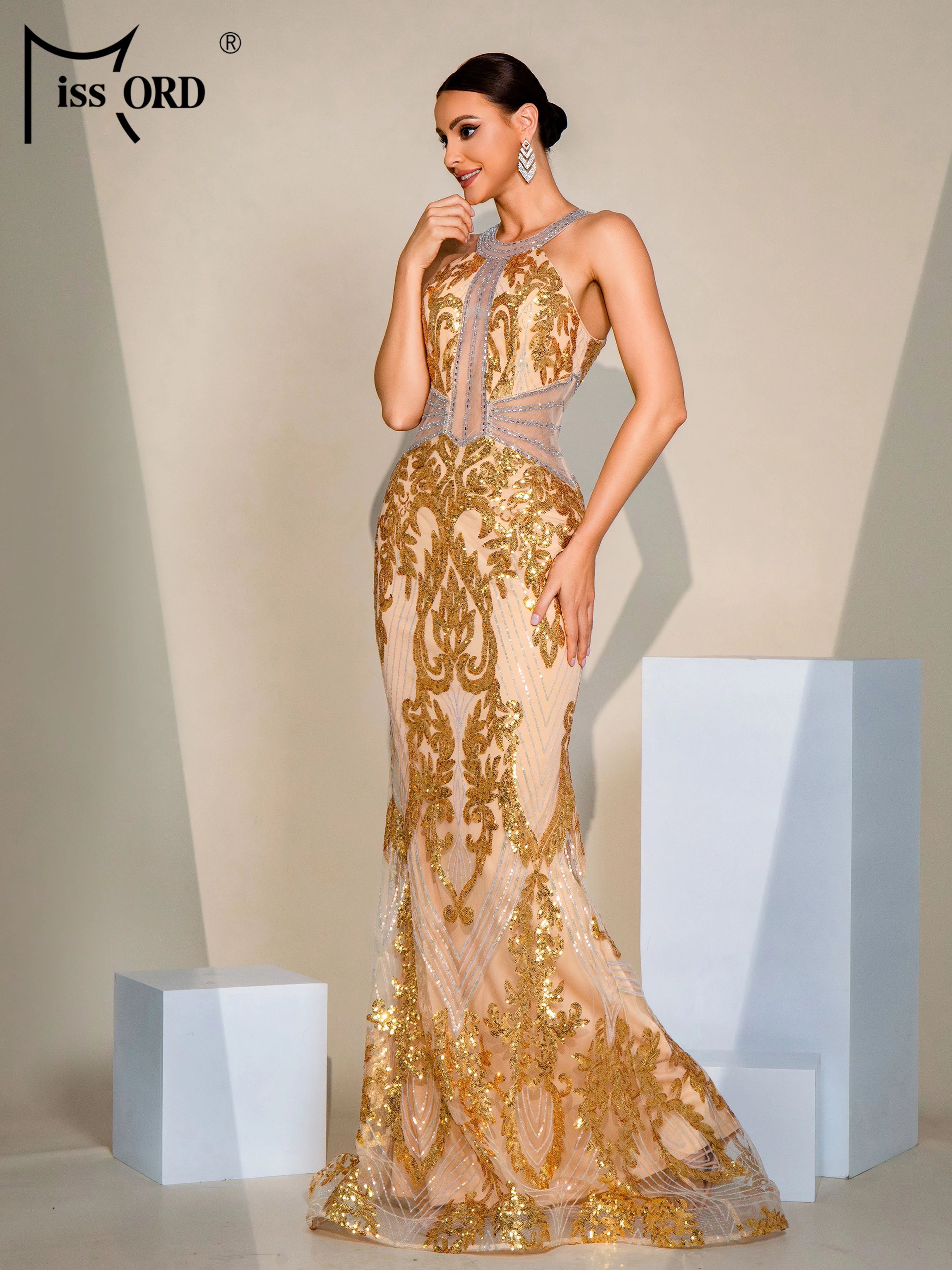 Missord Backless Gold Chic Elegant Sequin Mermaid Evening Gown Wedding Birthday Party Formal Occasion Ground Length Dresses