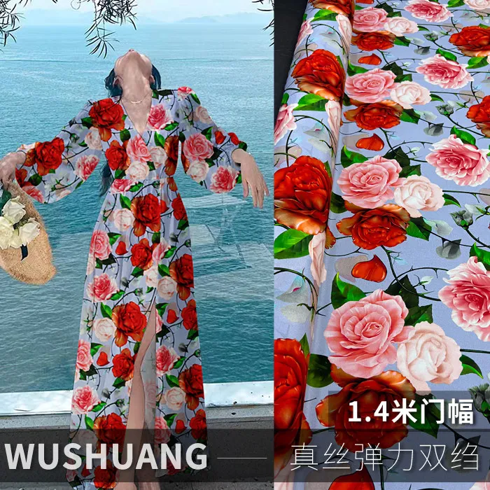 

Red & Pink Large Rose Floral Print Silk Stretch Crepe De Chine Fabric Mulberry Silk Material For Dresses 140cm Wide Blouse
