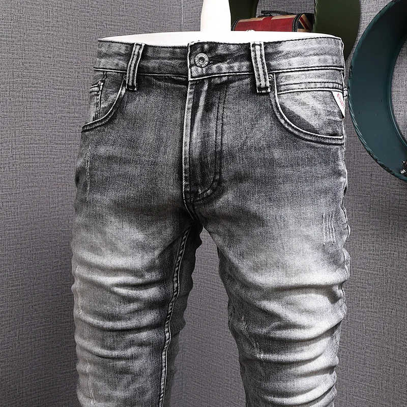 Men Grey Gradient Washed Skinny Jeans Vintage Faded Pleated Slim Fit Streetwear Denim Jeanshombre