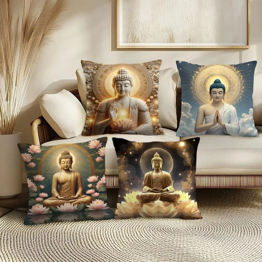 Buddha Statue and Lotus Cushion Cover Soft Plush Throw Pillow Cover | Double-Sided Printed Cushion Case | Cozy Sofa & Home Decor