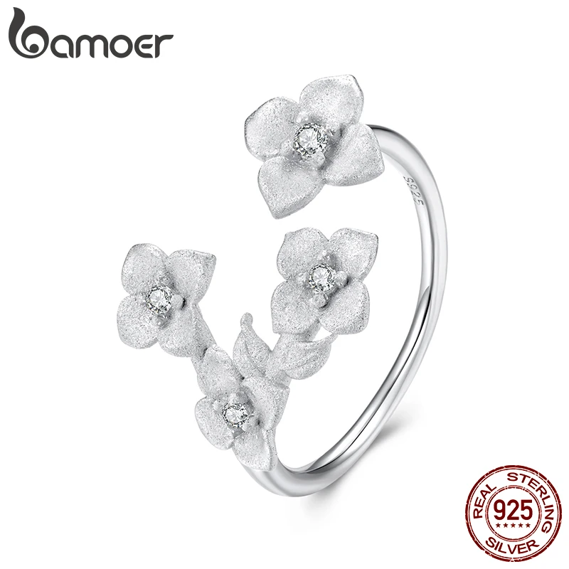 BAMOER Offener verstellbarer Ring aus 925er-Sterlingsilber mit eleganten Blumen, weißvergoldeter Statement-Ring, edler Schmuck, Geschenke für Frauen