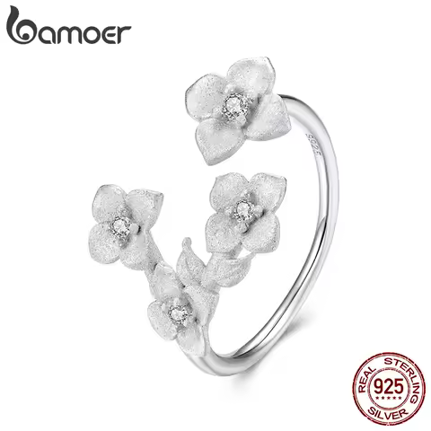 BAMOER 925 Sterling Silver Elegant Flower Open Adjustable Ring, White Gold Plated Statement Ring Fine Jewelry Gifts for Women