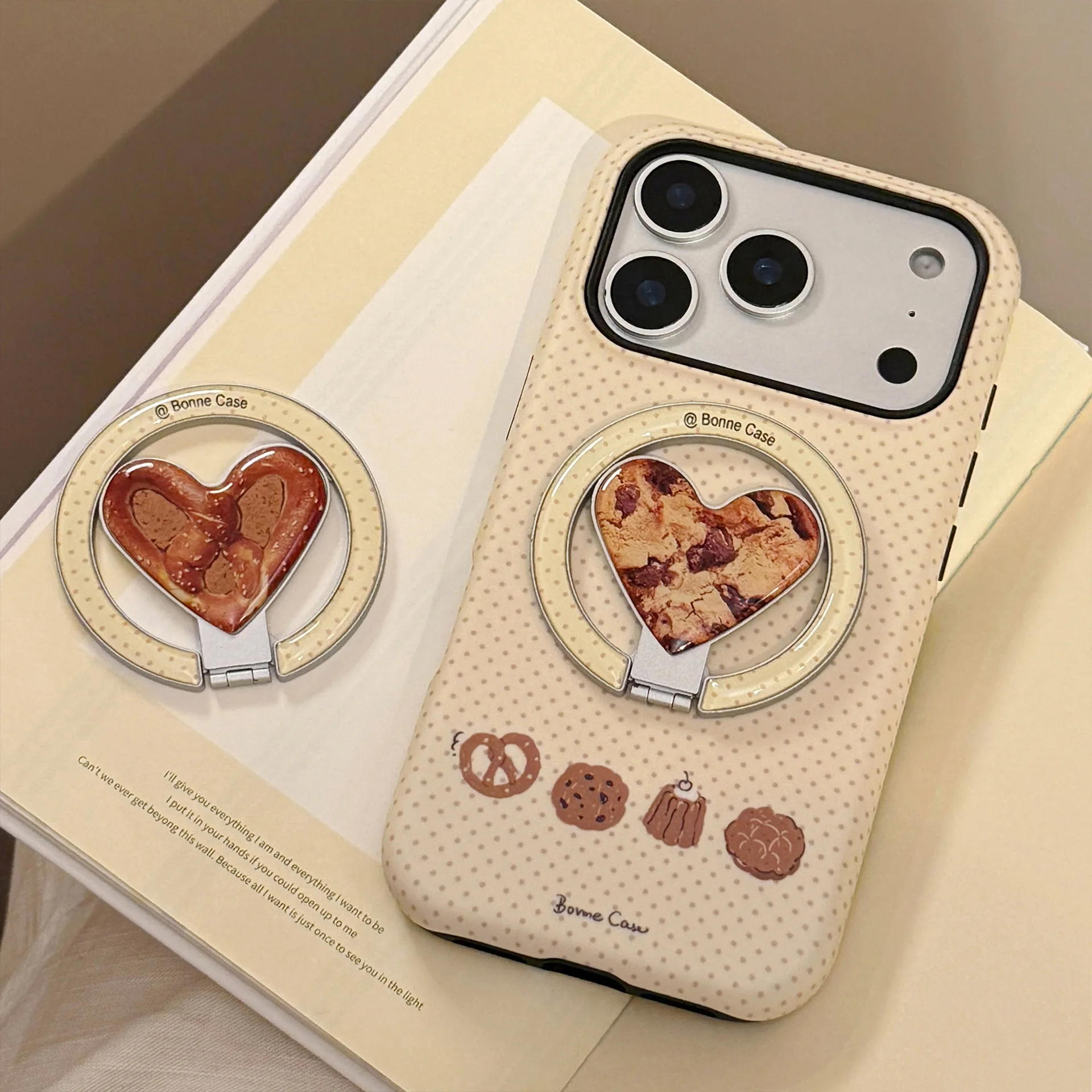 Funda de teléfono magnética con soporte de corazón de amor plegable de pan y galleta con punto ondulado para iPhone 17 16 15 14 13 12 Pro Max cubierta a prueba de golpes