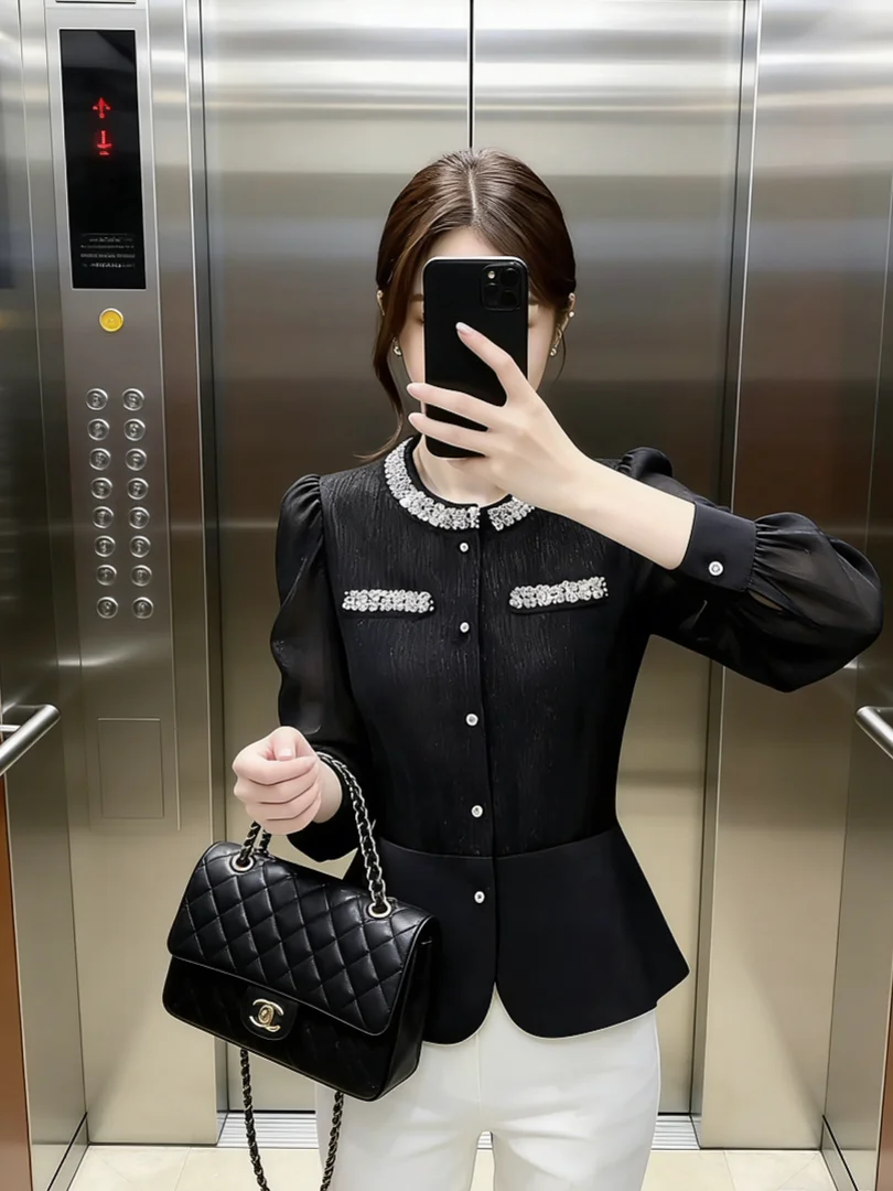 

Chic Black Sequin Women's Long Sleeve Shirt Waist Cinched Luxury Style Fashionable Top Elegant High-End Feel Spring 2026