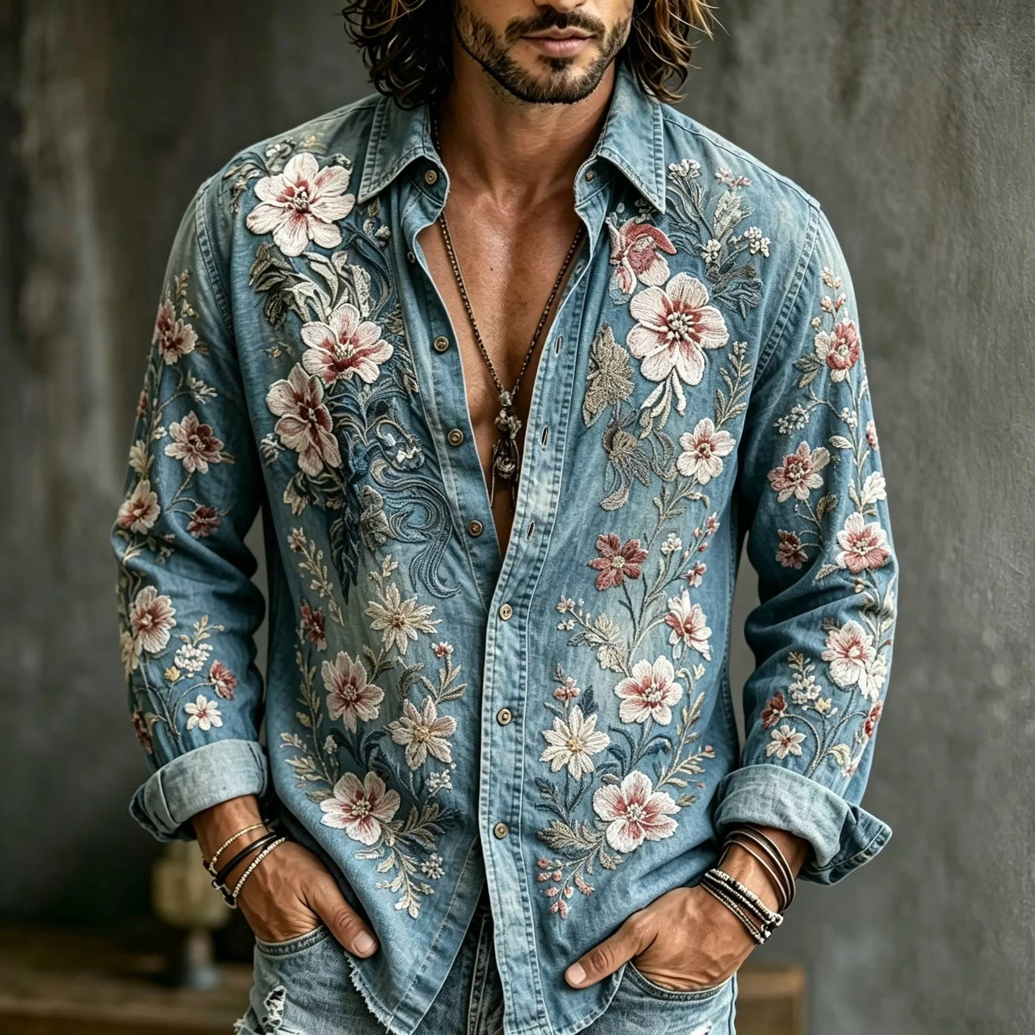 New men's blue floral shirt, Japanese retro artistic style, daily 3D printed pattern, casual vacation shirt clothing