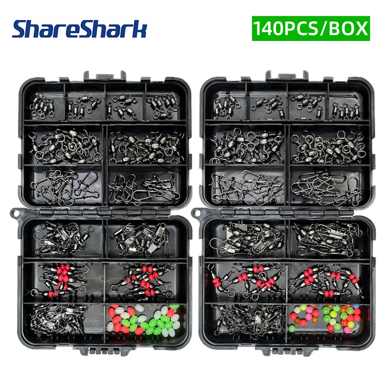 ShareShark 140Pcs fishing accessory set, lure fishing swivel stopper beads with black box, suitable for anglers